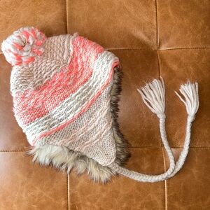(NWOT) American Eagle Faux Fur Lined Pom Pom Beanie | Pink & Tan Cozy Winter Hat